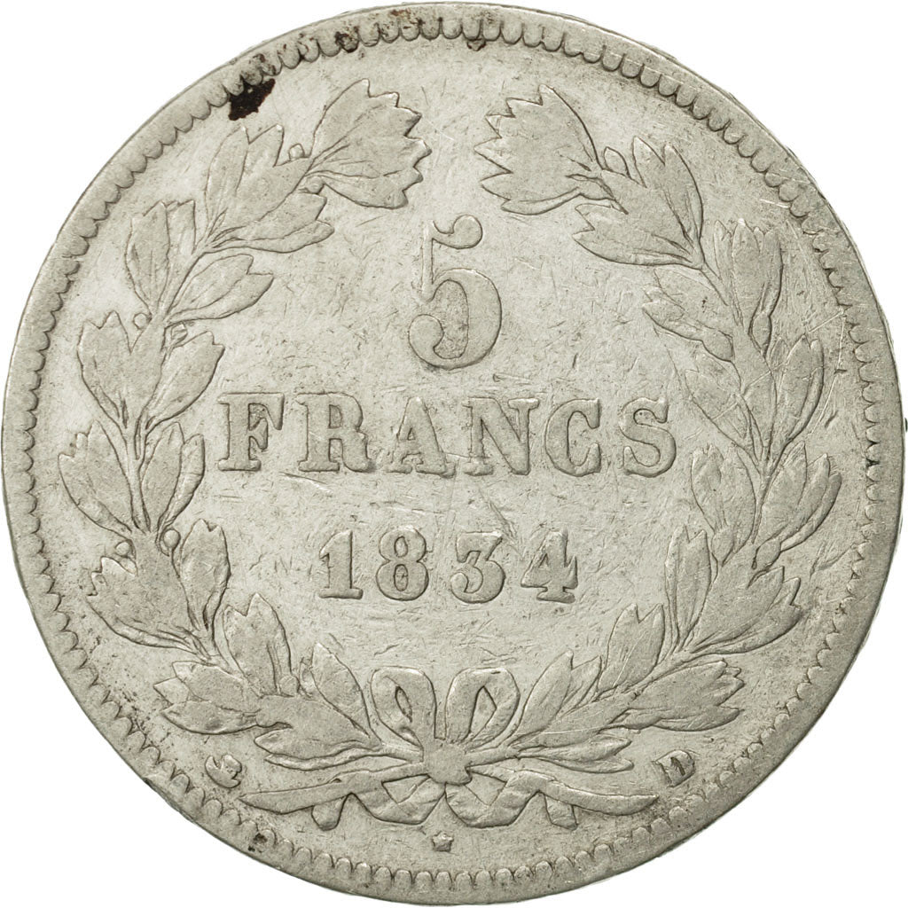 Coin, France, Louis-Philippe, 5 Francs, 1834, Lyon, VF(30-35), Silver, KM:749.4