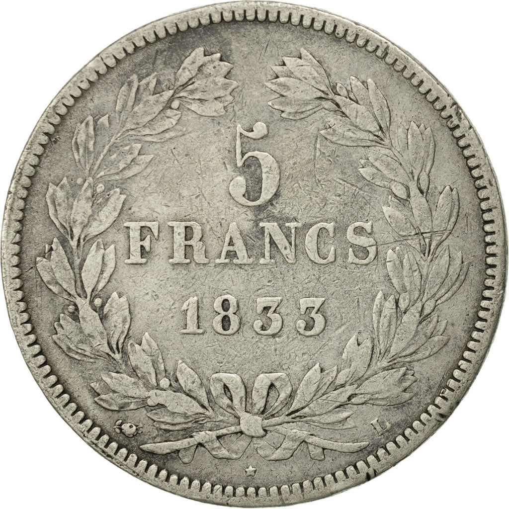 France, Louis-Philippe, 5 Francs, 1833, Bayonne, VF(20-25), Silver, KM:749.8