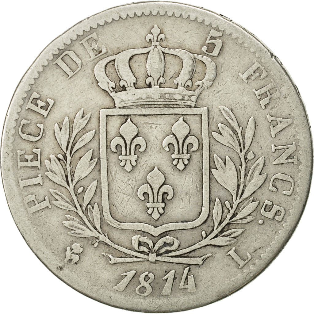 France, Louis XVIII, 5 Francs, 1814, Bayonne, TB, Argent, KM:702.8, Gad 591