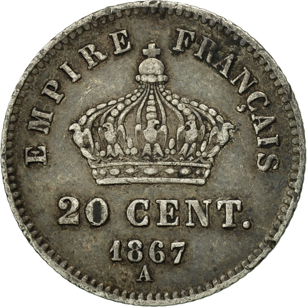 France, Napoleon III, 20 Centimes, 1867, Paris, EF(40-45), KM 808.1