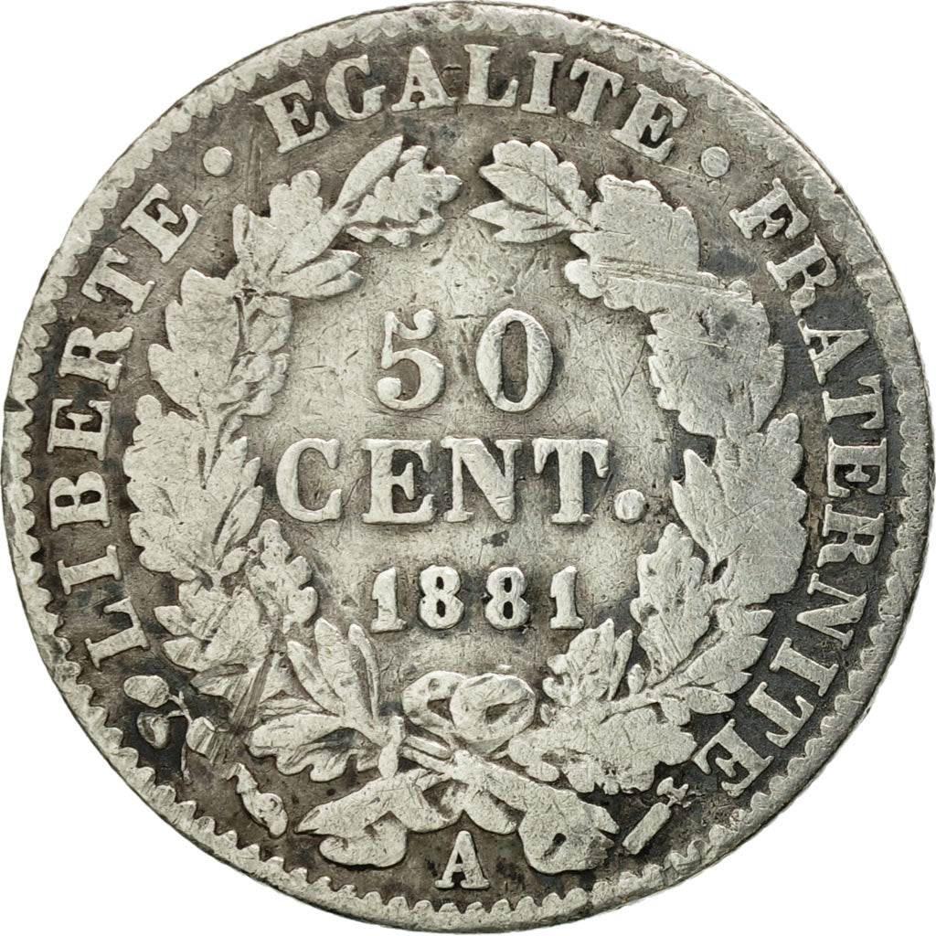 Moneda, Francia, Cérès, 50 Centimes, 1881, Paris, BC, Plata, KM:834.1