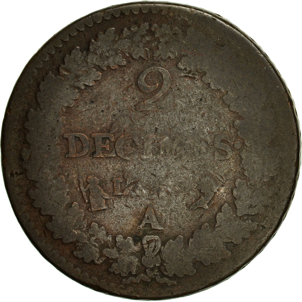 France, Dupré, 2 Décimes, 1795, Paris, VG(8-10), Bronze, KM:638.1, Gadoury:300