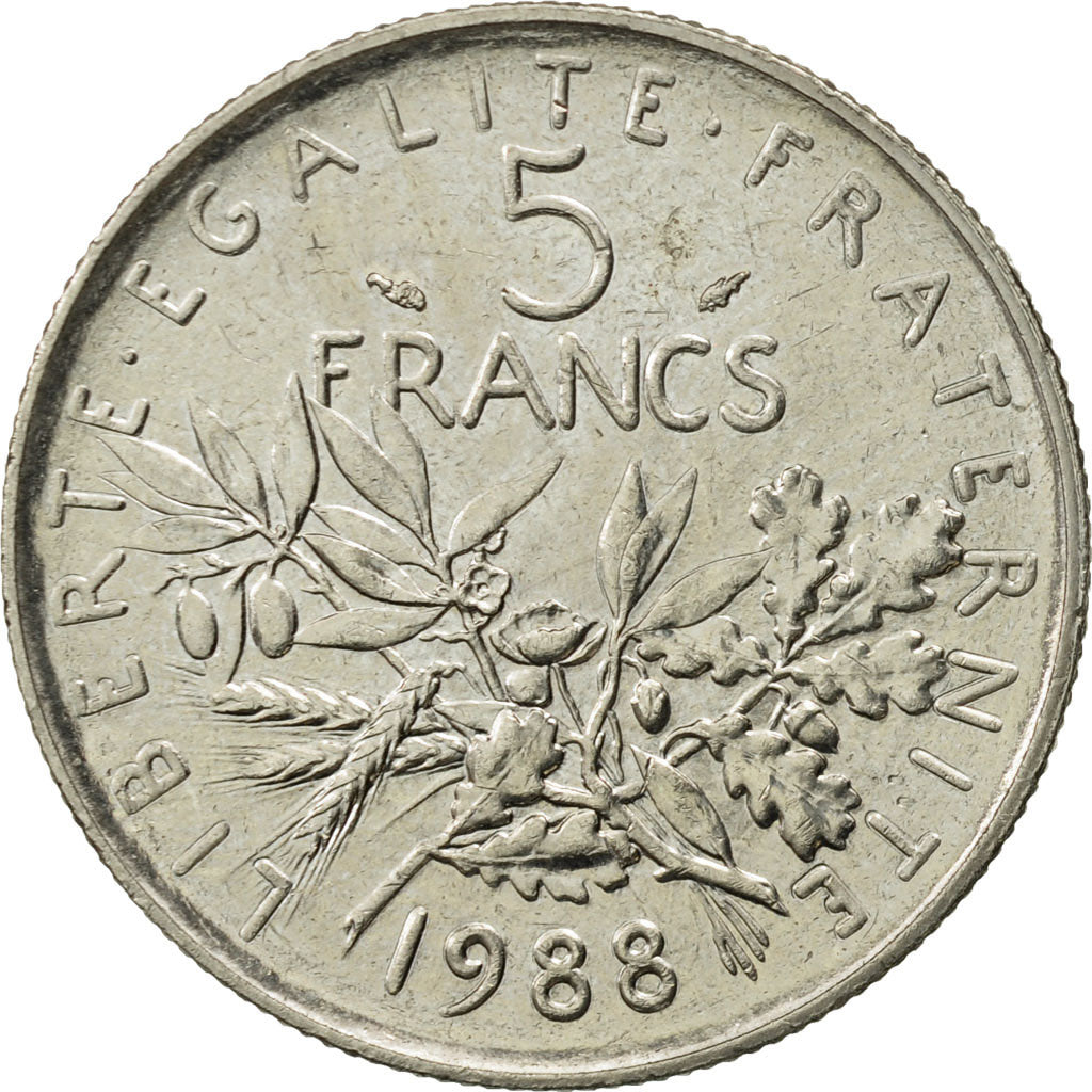 France, Semeuse, 5 Francs, 1988, Paris, AU(55-58), Copper-Nickel, KM 926a.1