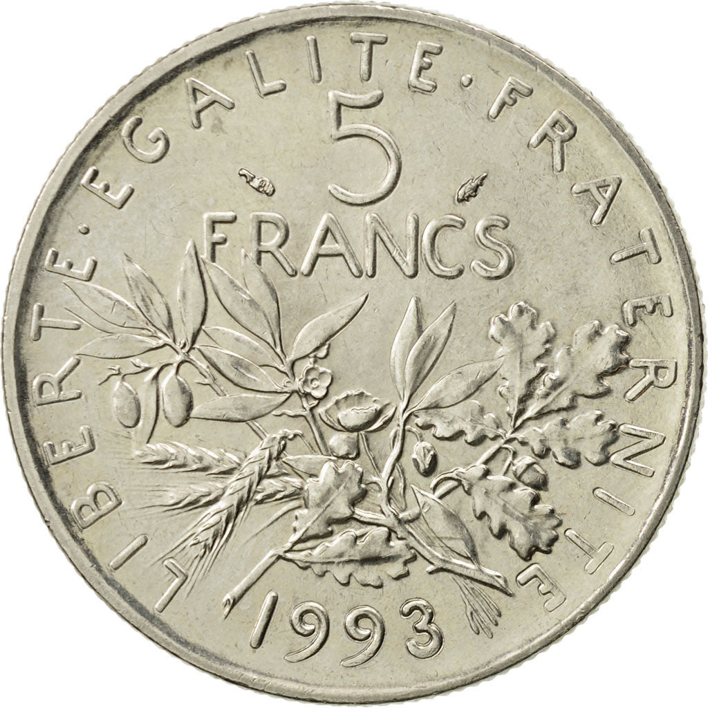 France, Semeuse, 5 Francs, 1993, Paris, AU(55-58), Copper-Nickel, KM 926a.1