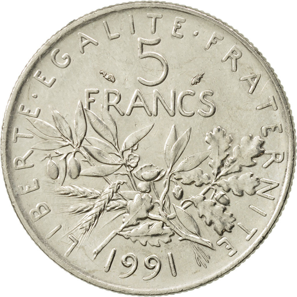 France, Semeuse, 5 Francs, 1991, Paris, AU(55-58), Copper-Nickel, KM 926a.1