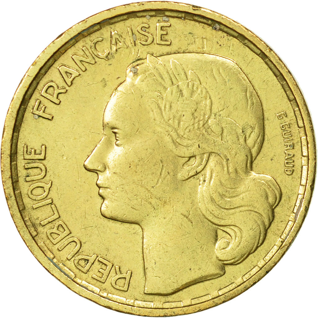 Moneda, Francia, Guiraud, 10 Francs, 1955, Paris, MBC+, Aluminio - bronce