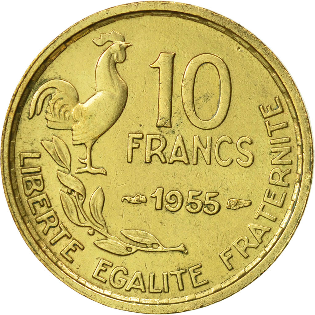 Moneda, Francia, Guiraud, 10 Francs, 1955, Paris, MBC+, Aluminio - bronce