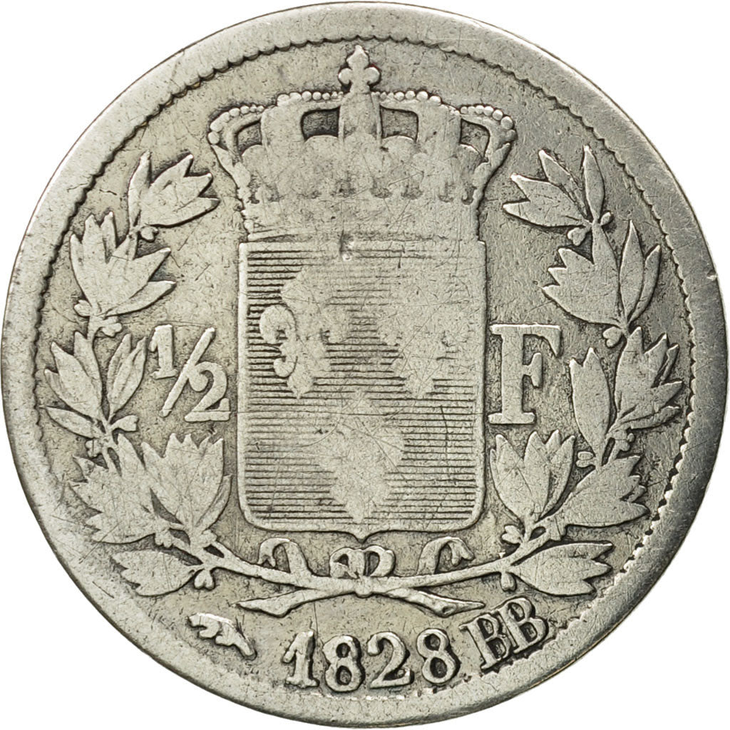 Moneta, Francia, Charles X, 1/2 Franc, 1828, Strasbourg, B+, Argento, KM:723.3