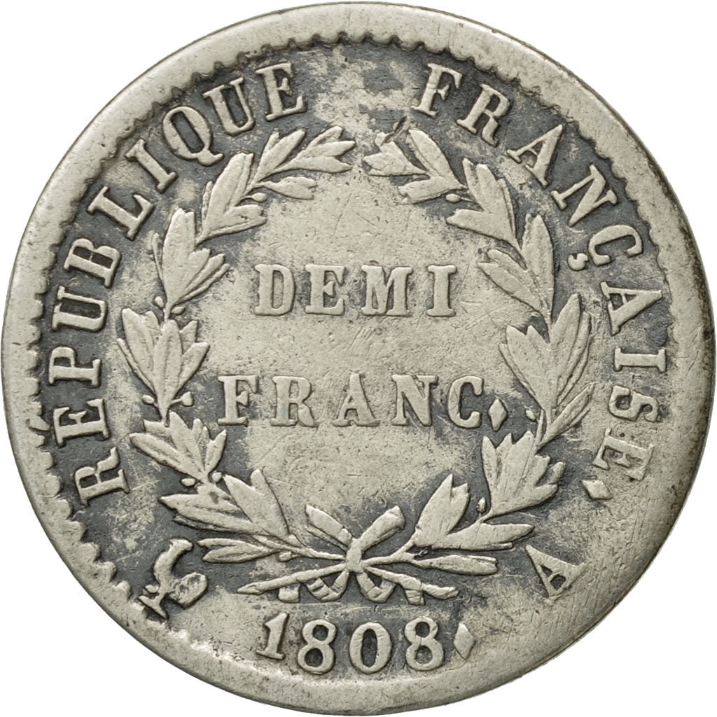 France, Napoléon I, 1/2 Franc, 1808, Paris, VF(20-25), Silver, KM:680.1