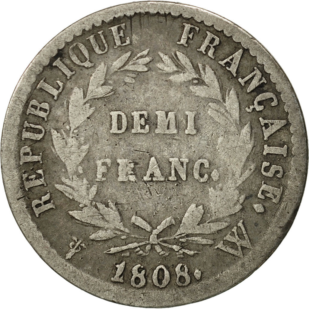France, Napoléon I, 1/2 Franc, 1808, Lille, VF(20-25), Silver, KM:680.14