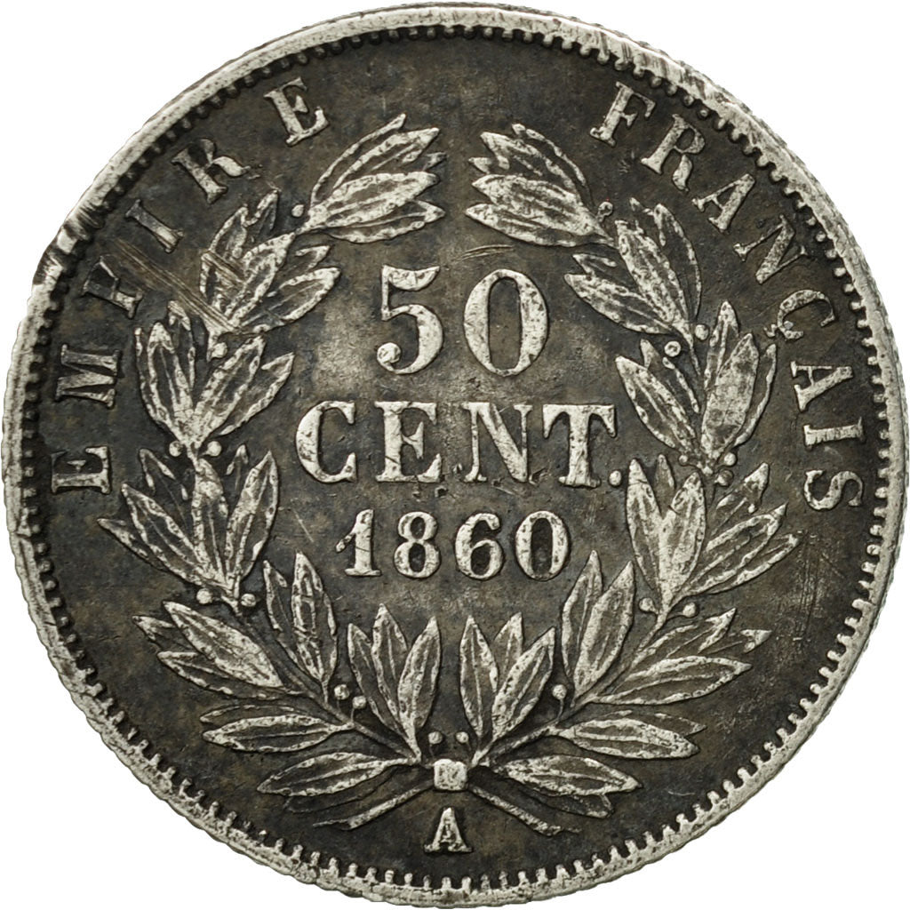 Moneda, Francia, Napoleon III, Napoléon III, 50 Centimes, 1860, Paris, BC+