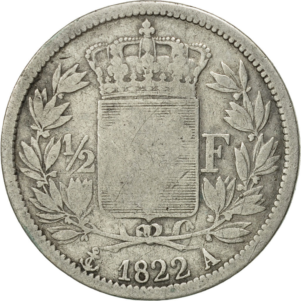 France, Louis XVIII, 1/2 Franc, 1822, Paris, VF(20-25), Silver, KM 708.1