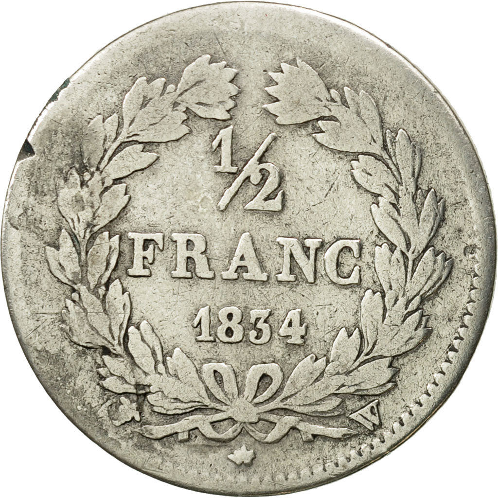 Moneda, Francia, Louis-Philippe, 1/2 Franc, 1834, Lille, BC, Plata, KM:741.13