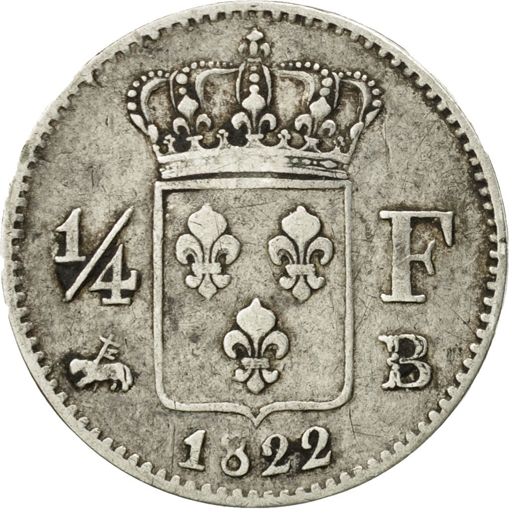 Coin, France, Louis XVIII, Louis XVIII, 1/4 Franc, 1822, Rouen, VF(30-35)