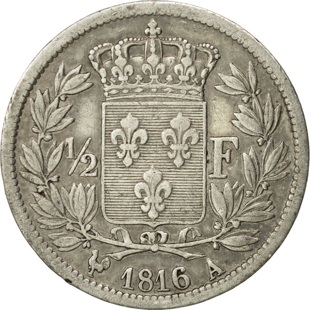 France, Louis XVIII, 1/2 Franc, 1816, Paris, VF(30-35), Silver, KM 708.1