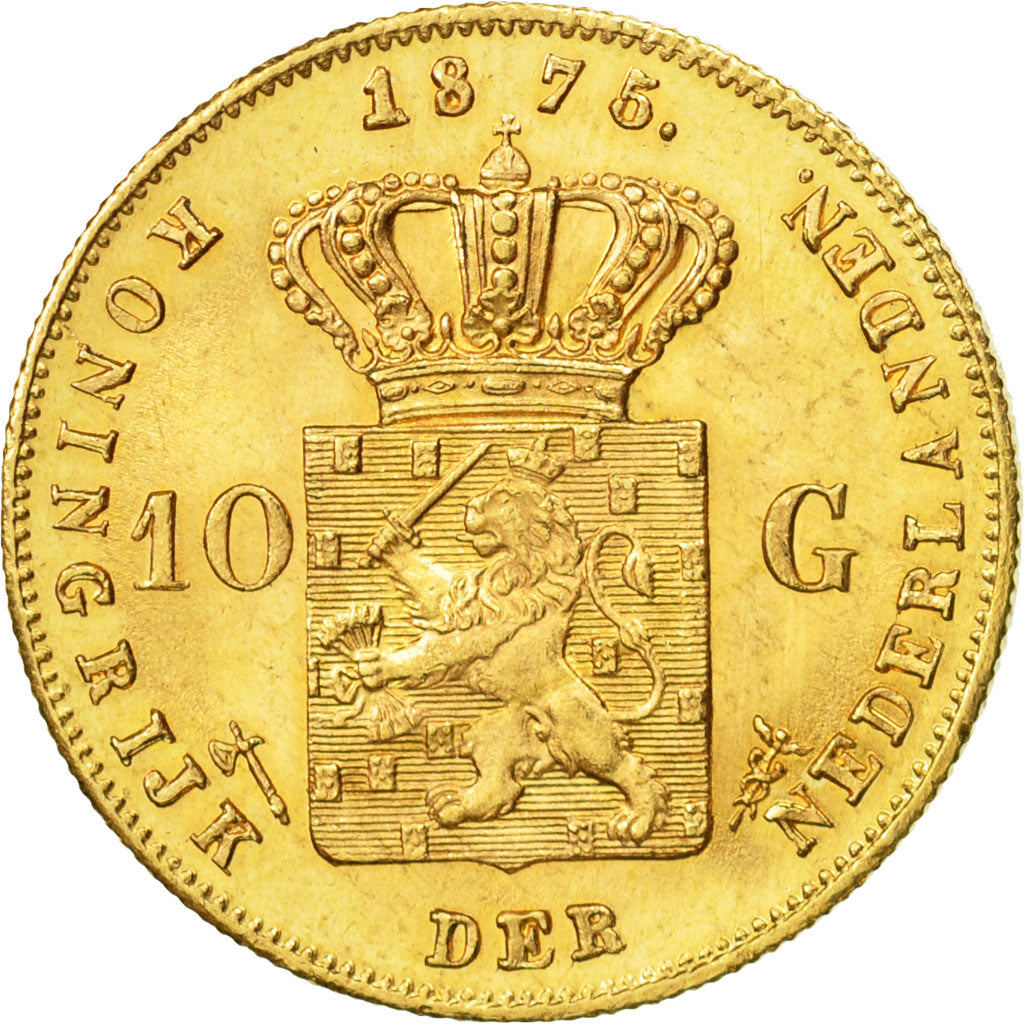 Moneta, Paesi Bassi, William III, 10 Gulden, 1875, SPL-, Oro, KM:105