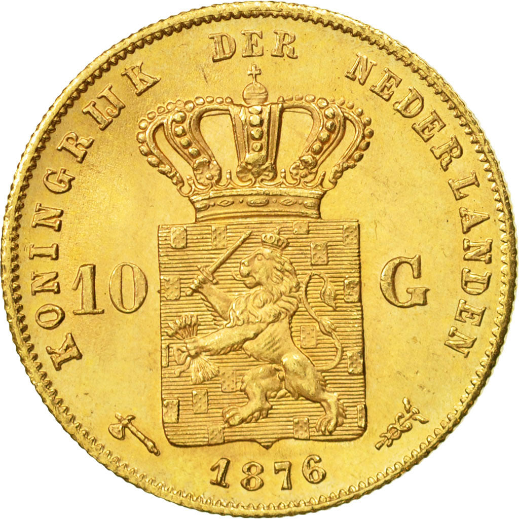 Netherlands, William III, 10 Gulden, 1876, AU(55-58), Gold, KM:106