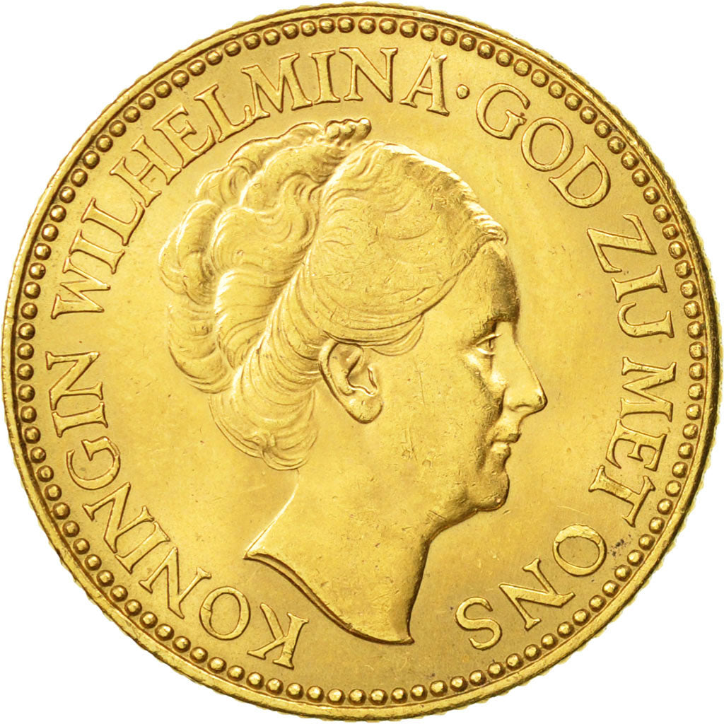 Coin, Netherlands, Wilhelmina I, 10 Gulden, 1925, AU(55-58), Gold, KM:162