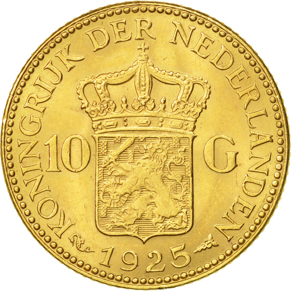 Coin, Netherlands, Wilhelmina I, 10 Gulden, 1925, AU(55-58), Gold, KM:162