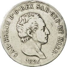 STATI ITALIANI, SARDINIA,Carlo Felice,5 Lire,1824,Torino,MB+,Argento,KM 116.1
