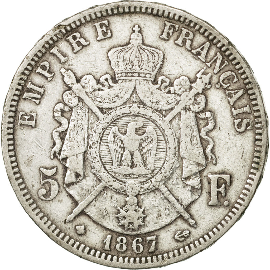 France, Napoléon III, 5 Francs, 1867, Strasbourg, VF(30-35), Silver, KM:799.2