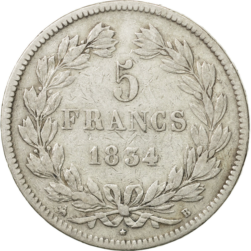 Coin, France, Louis-Philippe, 5 Francs, 1834, Rouen, VF(20-25), Silver