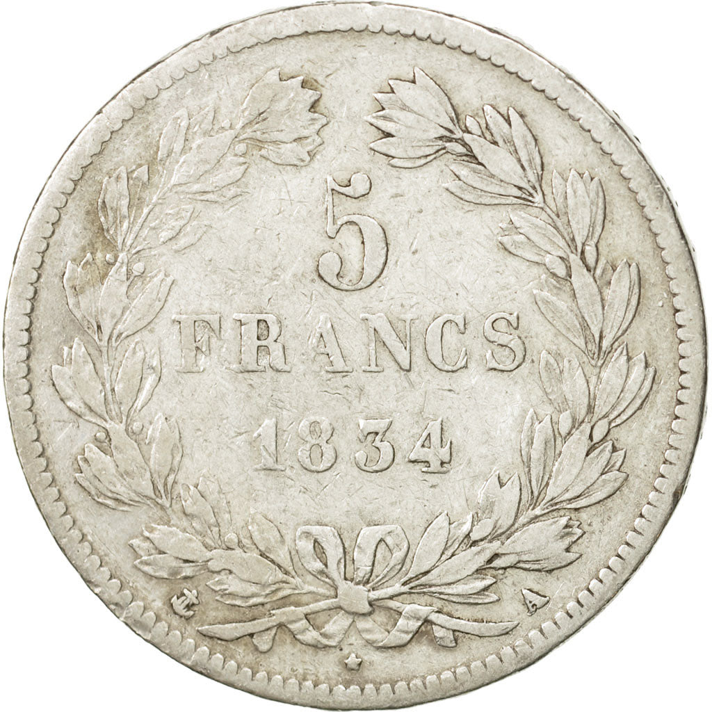 France, Louis-Philippe, 5 Francs, 1834, Paris, VF(20-25), Silver, KM:749.1