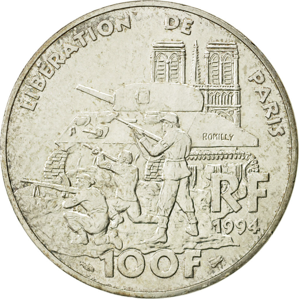 France, Libération de Paris, 100 Francs, 1994, AU(50-53), Silver, KM:1045.1