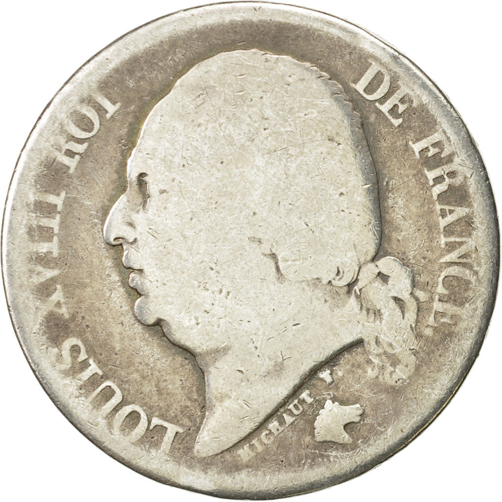 Moneda, Francia, Louis XVIII, Louis XVIII, 2 Francs, 1823, Paris, BC, Plata