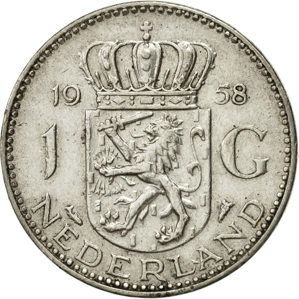 Coin, Netherlands, Juliana, Gulden, 1958, AU(50-53), Silver, KM:184