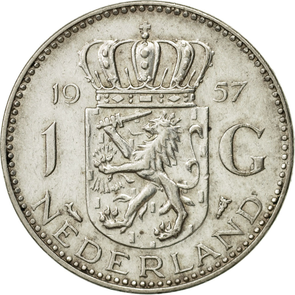 Coin, Netherlands, Juliana, Gulden, 1957, AU(50-53), Silver, KM:184