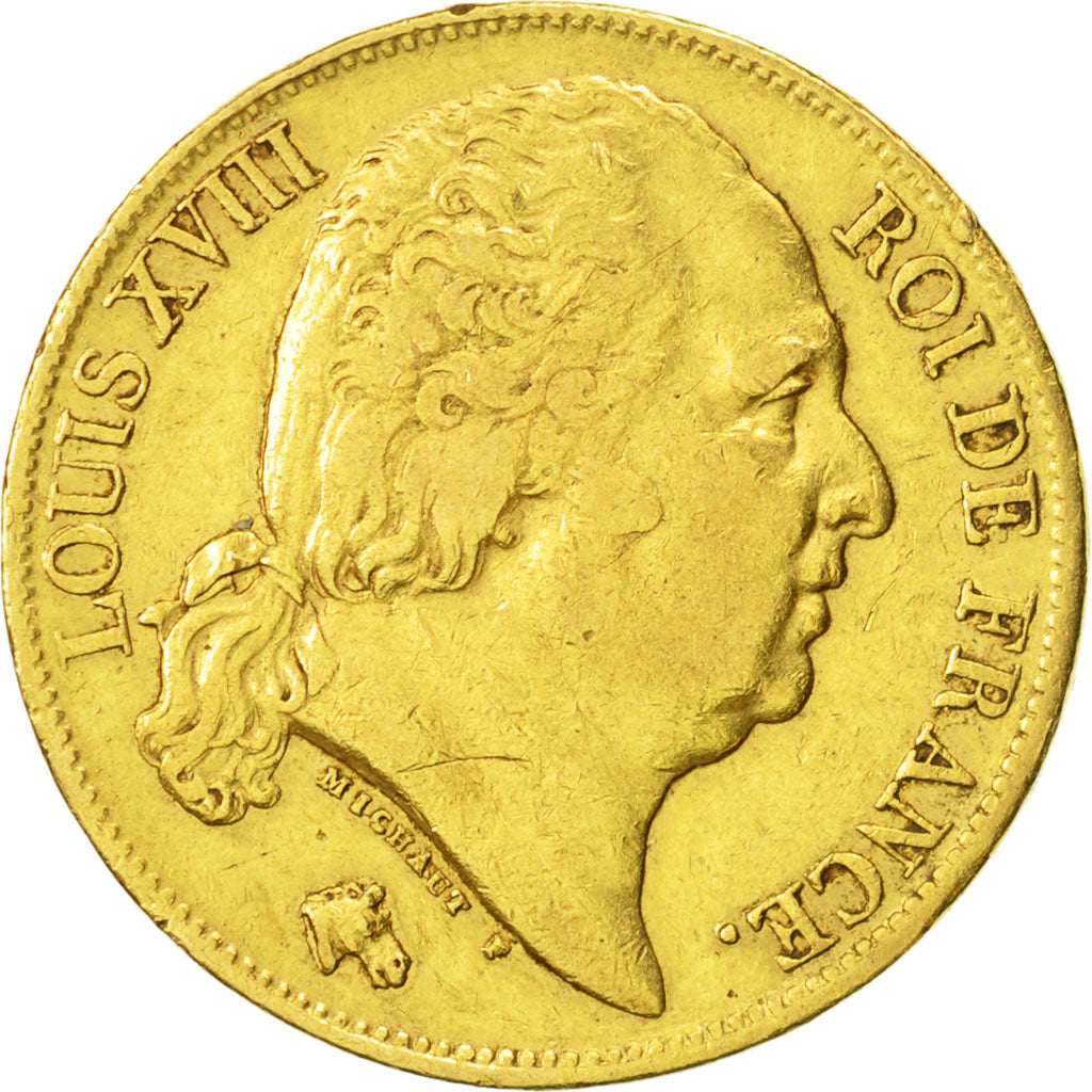 Moneda, Francia, Louis XVIII, Louis XVIII, 20 Francs, 1817, Paris, BC+, Oro