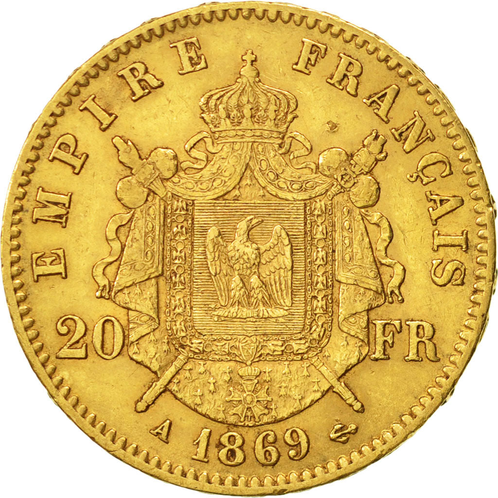 France, Napoleon III, 20 Francs, 1869, Paris, AU(50-53), Gold, KM 801.1