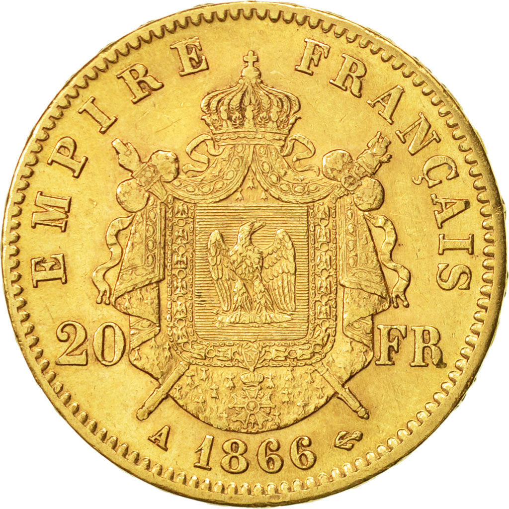 France, Napoleon III, 20 Francs, 1866, Paris, AU(50-53), Gold, KM 801.1