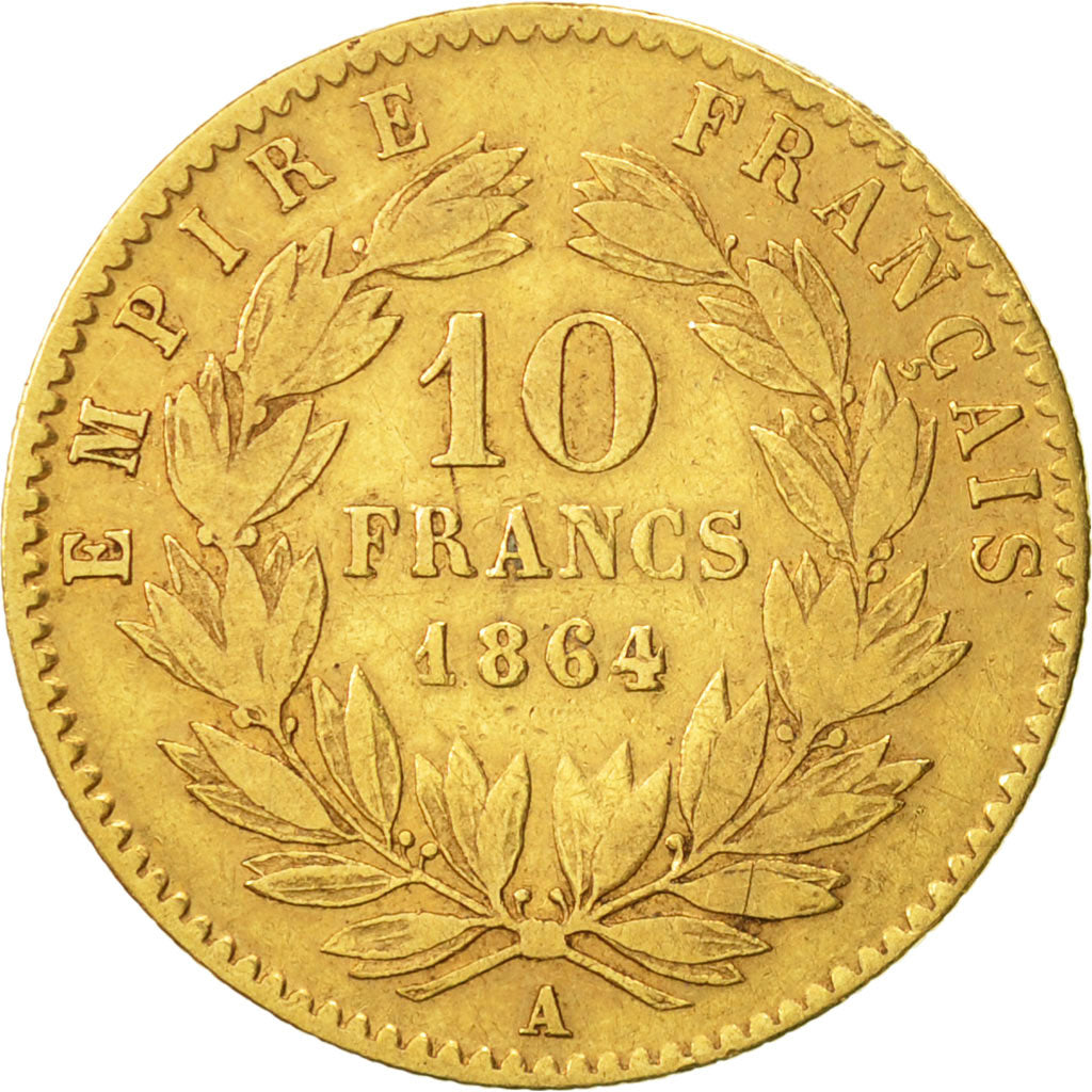 Francia, Napoleon III, 10 Francs, 1864, Paris, BC+, Oro, KM 800.1