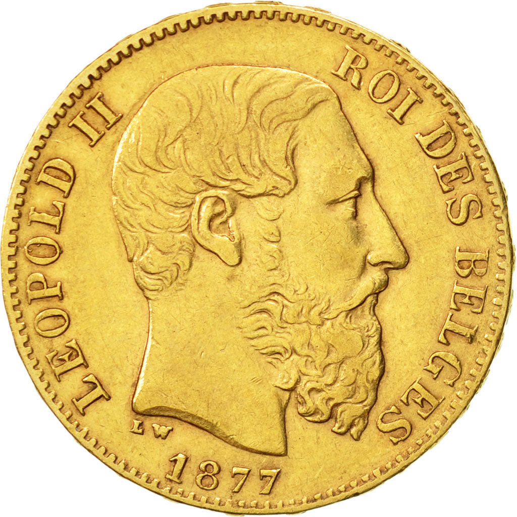Bélgica, Leopold II, 20 Francs, 20 Frank, 1877, MBC, Oro, KM:37
