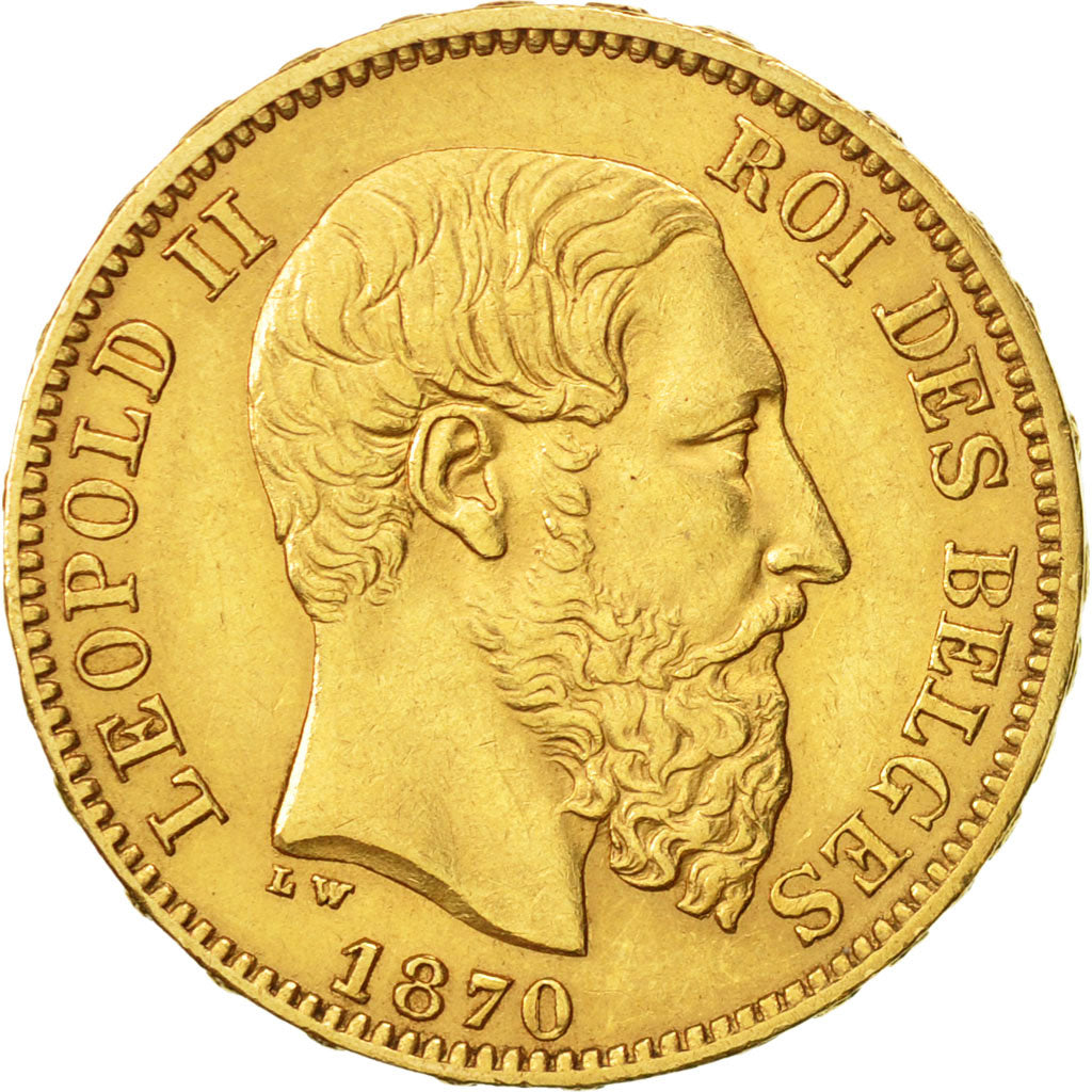 Bélgica, Leopold II, 20 Francs, 20 Frank, 1870, MBC, Oro, KM:32