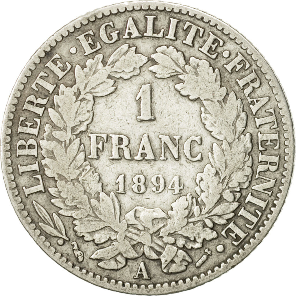 France, Cérès, Franc, 1894, Paris, VF(20-25), Silver, KM:822.1, Gadoury:465a