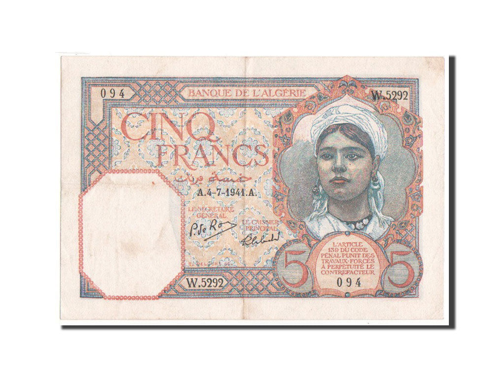 Algeria, 5 Francs, 1941, KM #77a, EF(40-45), W