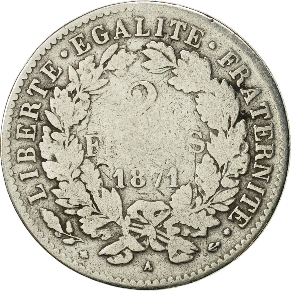 Coin, France, Cérès, 2 Francs, 1871, Paris, F(12-15), Silver, KM:817.1