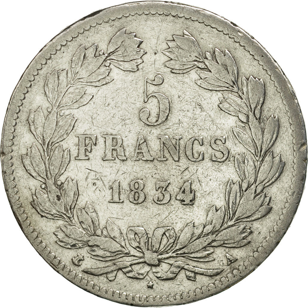 France, Louis-Philippe, 5 Francs, 1834, Paris, VF(20-25), Silver, KM:749.1