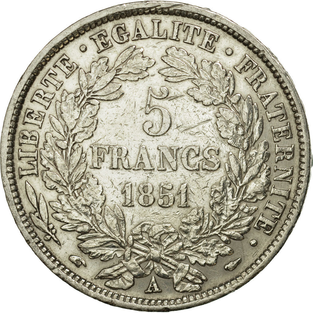 Francia, Cérès, 5 Francs, 1851, Paris, BC+, Plata, KM:761.1, Gadoury:719