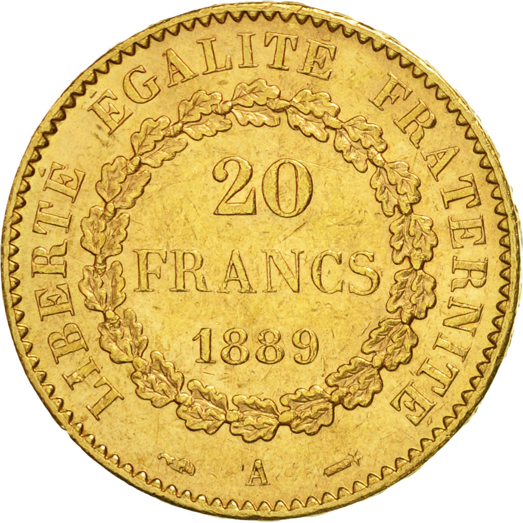 France, Génie, 20 Francs, 1889, Paris, AU(55-58), Gold, KM:825, Gadoury:1063