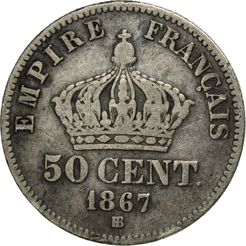 France, Napoleon III, 50 Centimes, 1867, Strasbourg, VF(30-35), KM 814.2