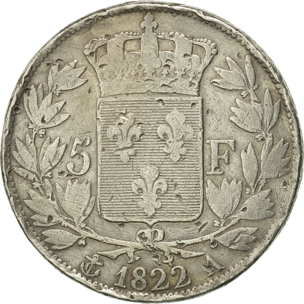 France, Louis XVIII, 5 Francs, 1822, Paris, F(12-15), Silver, KM 711.1