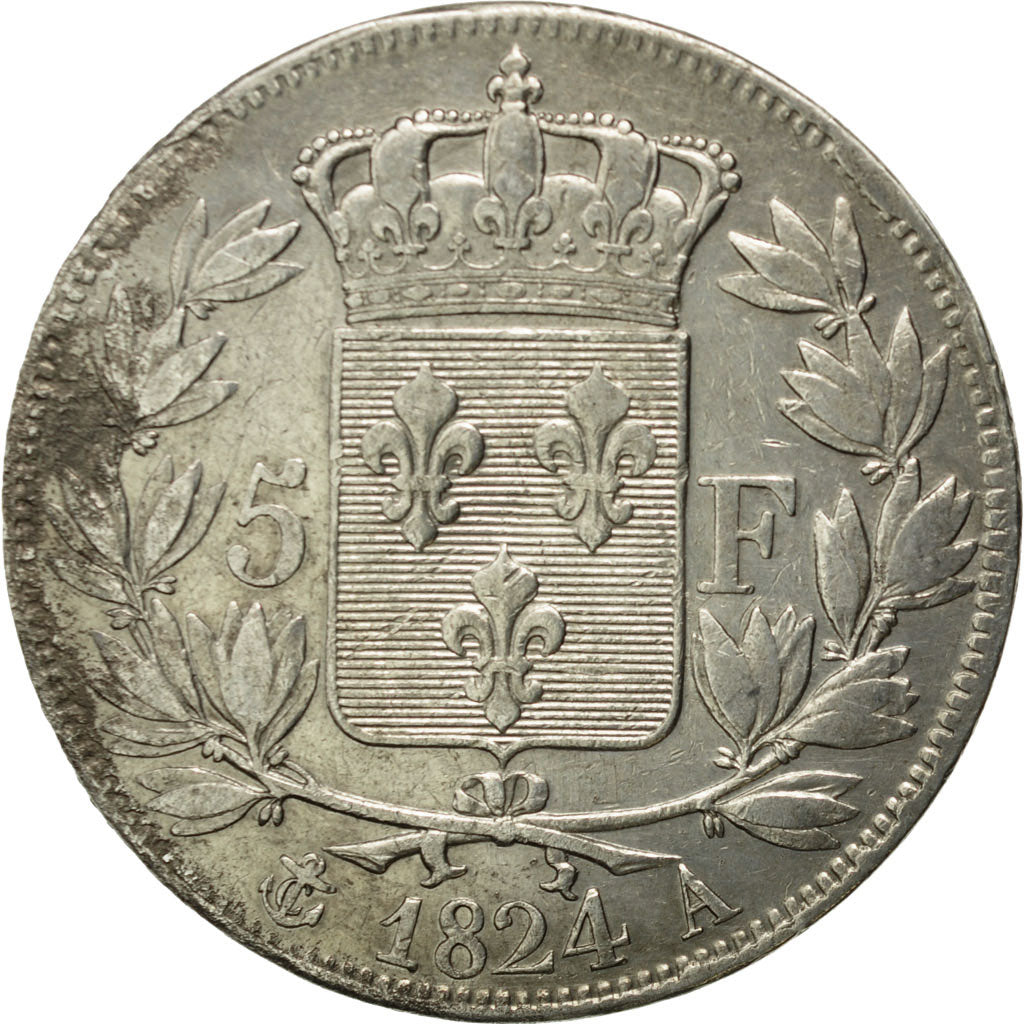 Moneta, Francia, Louis XVIII, Louis XVIII, 5 Francs, 1824, Paris, BB, Argento