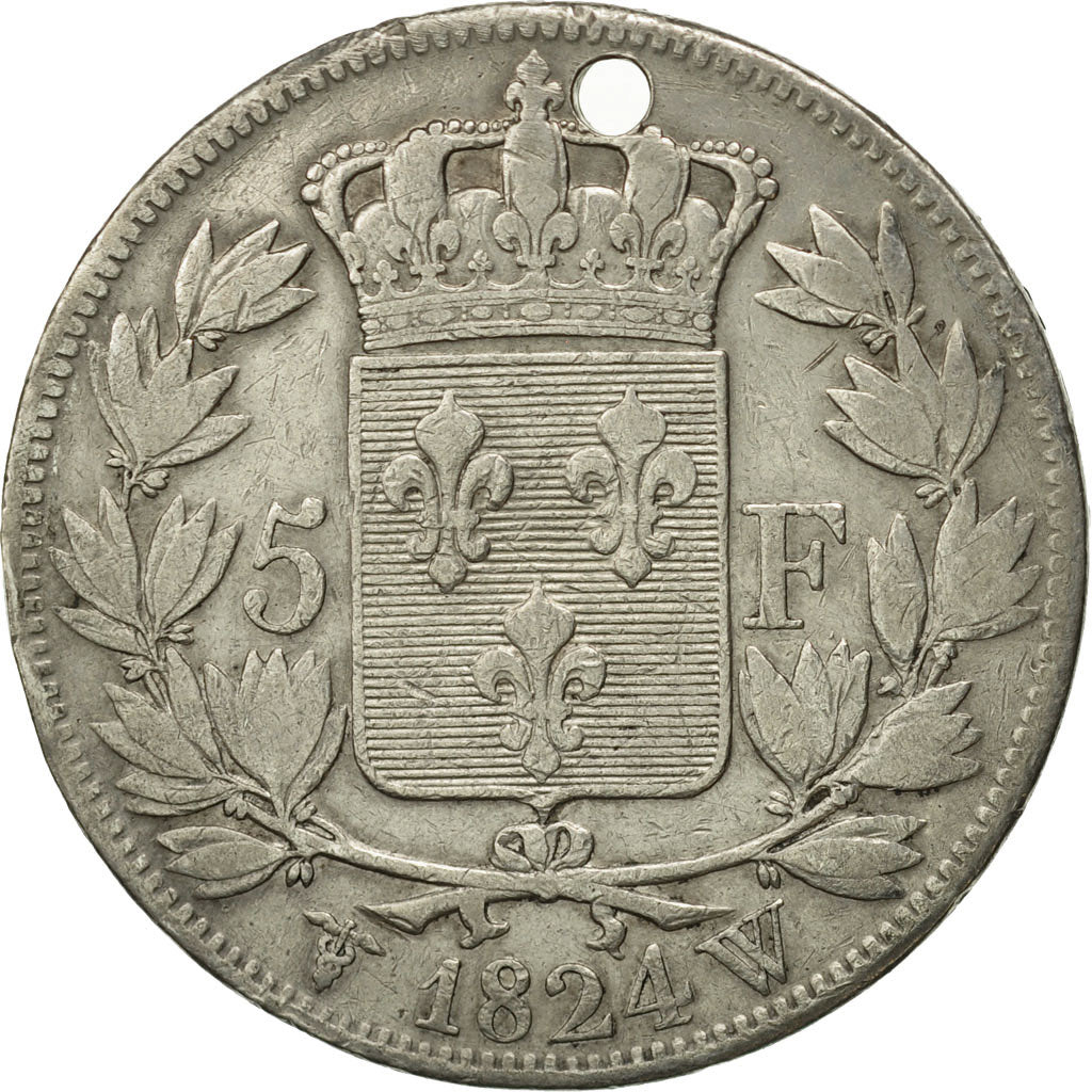 France, Louis XVIII, 5 Francs, 1824, Lille, VF(20-25), Silver, KM 711.13