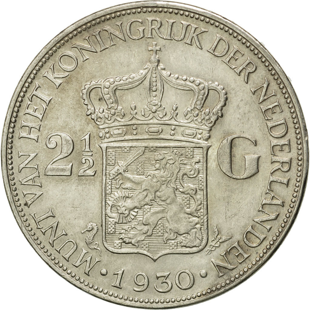 Coin, Netherlands, Wilhelmina I, 2-1/2 Gulden, 1930, AU(50-53), Silver, KM:165