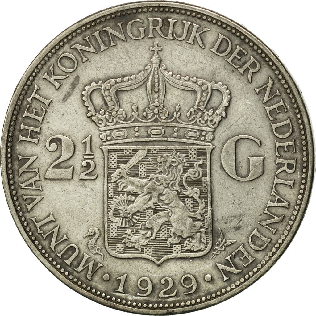 Coin, Netherlands, Wilhelmina I, 2-1/2 Gulden, 1929, EF(40-45), Silver, KM:165