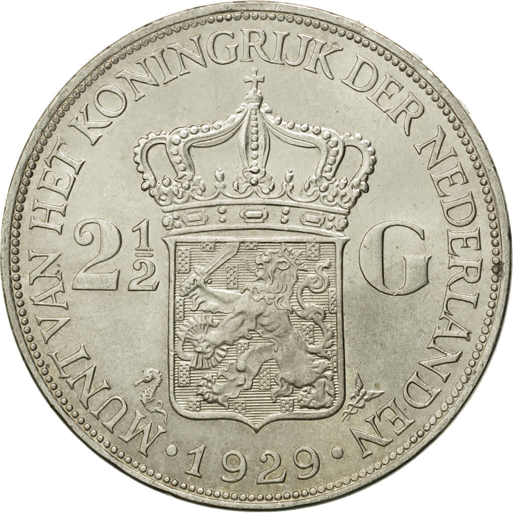 Coin, Netherlands, Wilhelmina I, 2-1/2 Gulden, 1929, AU(50-53), Silver, KM:165